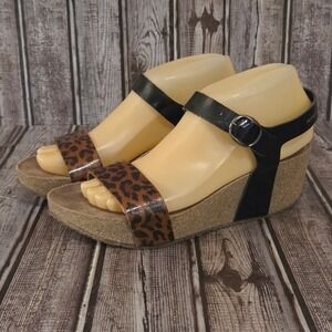 Sz 39 / 9 Mephisto Lee Leopard Print/ Black Patent Leather Wedge Sandals VGUC!